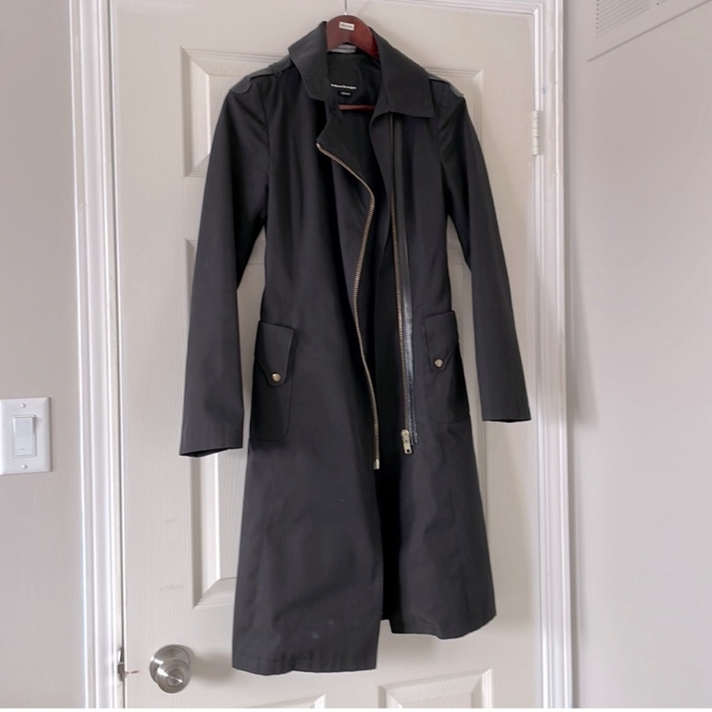 Mackage Black Trench Coat With Asymmetrical Zipper And Leather Belt Size XS